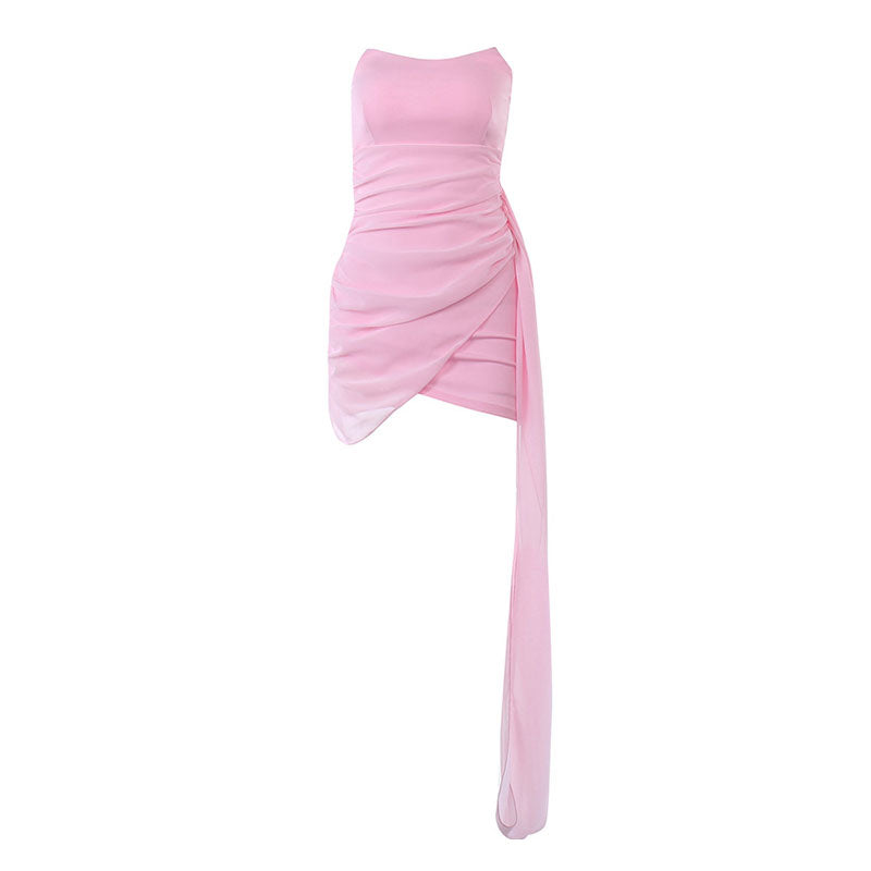 Sexy Solid Color Ruched Wrap Trim Strapless Bodycon Party Mini Dress - Pink Purple