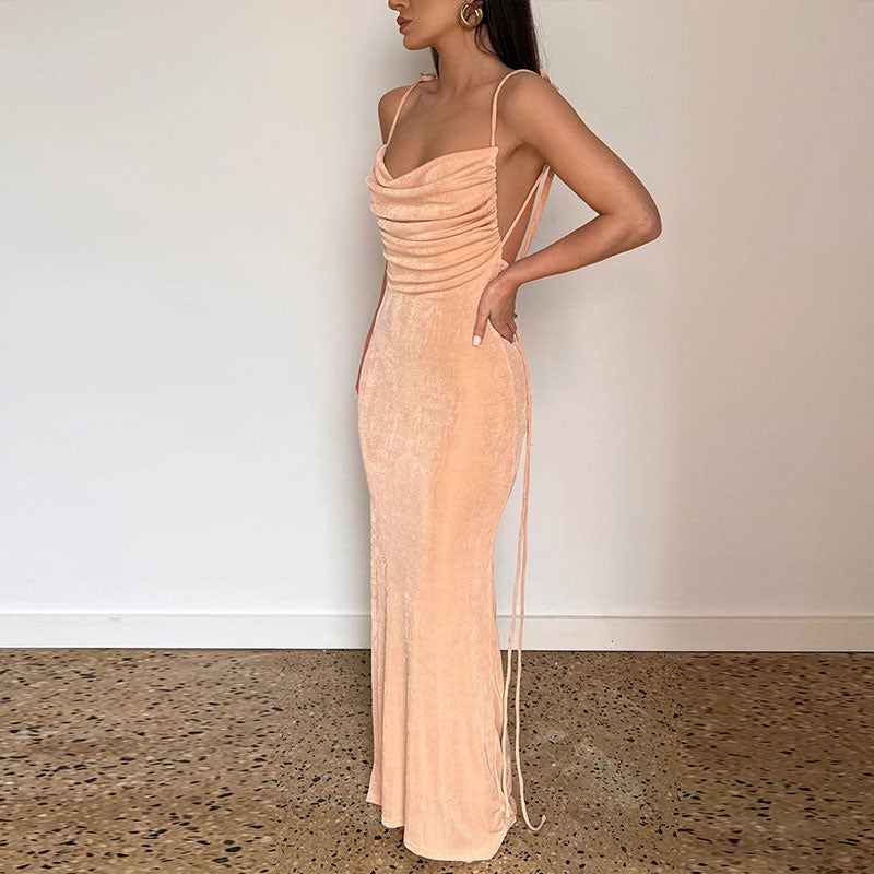 Sexy Tie Shoulder Cowl Neck Ruched Trim Backless Sheer Maxi Dress - Apricot