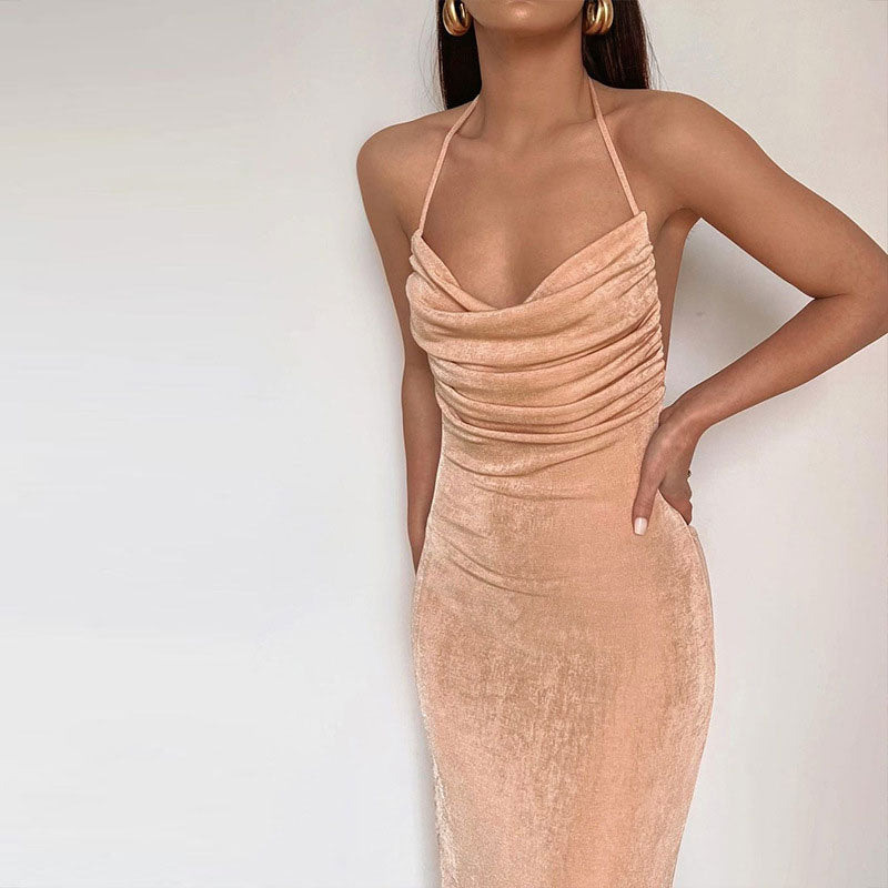 Sexy Tie Shoulder Cowl Neck Ruched Trim Backless Sheer Maxi Dress - Apricot