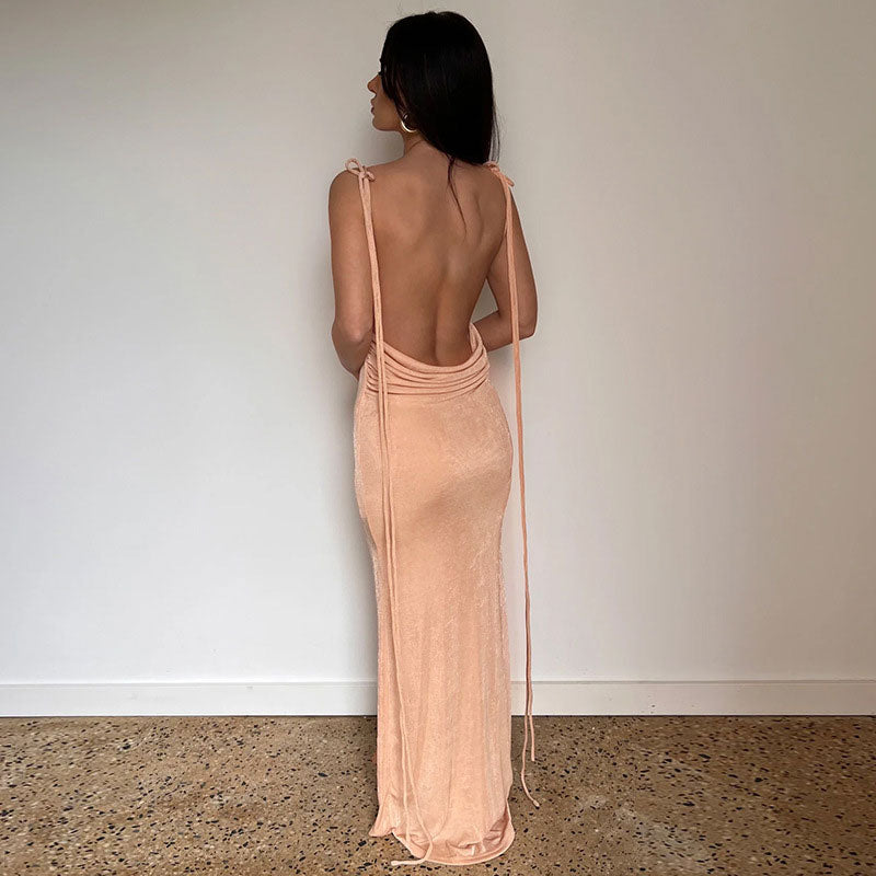 Sexy Tie Shoulder Cowl Neck Ruched Trim Backless Sheer Maxi Dress - Apricot