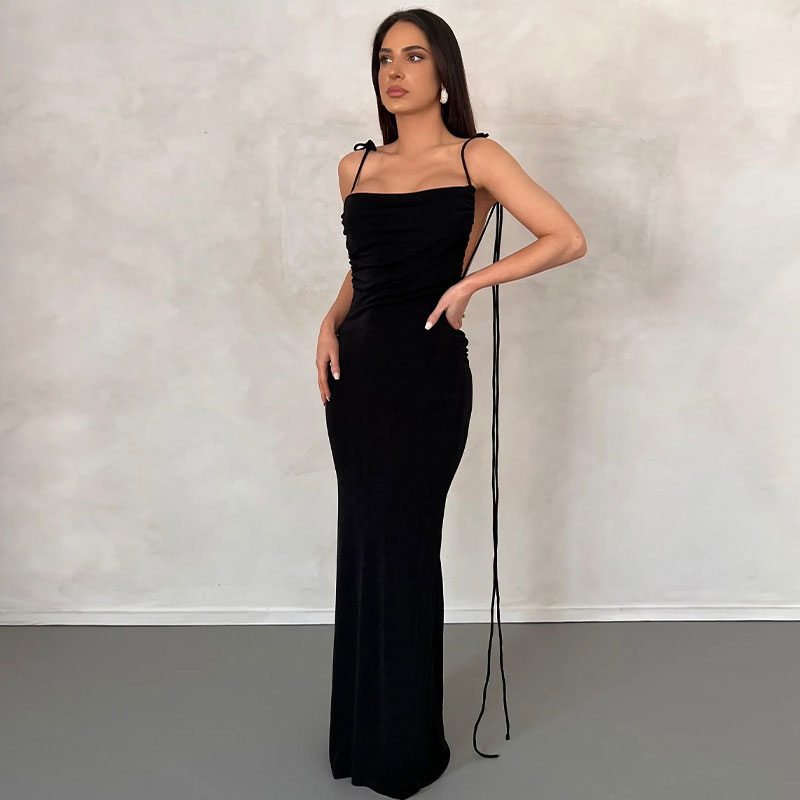 Sexy Tie Shoulder Cowl Neck Ruched Trim Backless Sheer Maxi Dress - Black