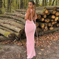 Sexy Tie Shoulder Cowl Neck Ruched Trim Backless Sheer Maxi Dress - Pink