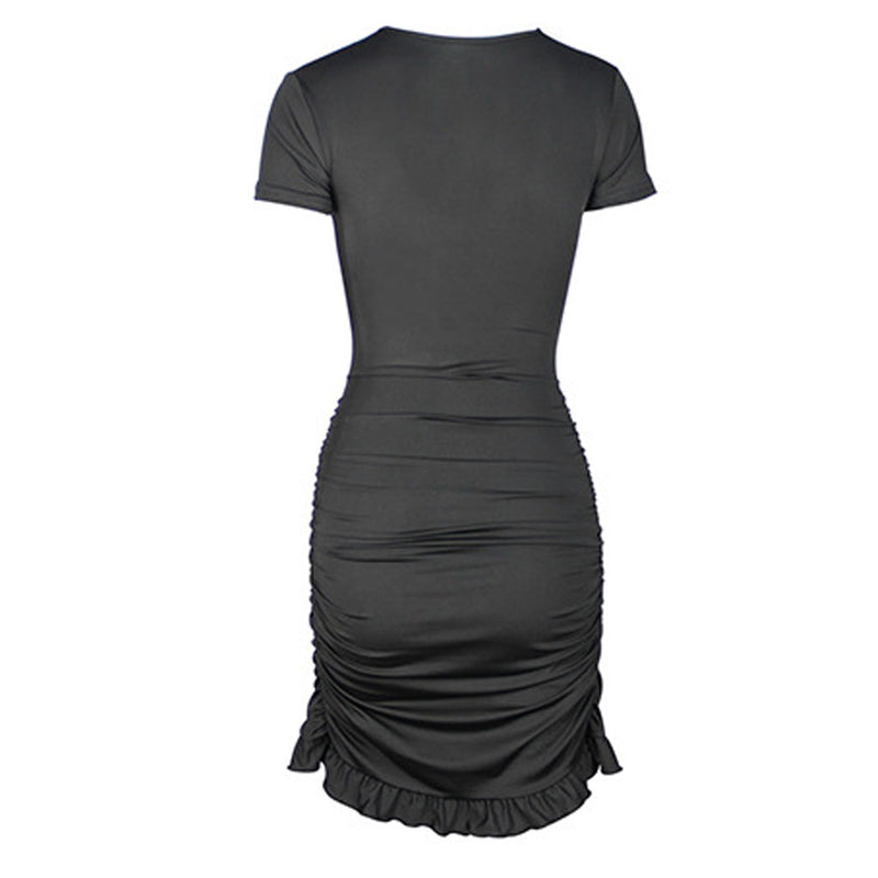 Sexy V Neck Floss Strap Ruched Bodycon Party Mini Dress - Black