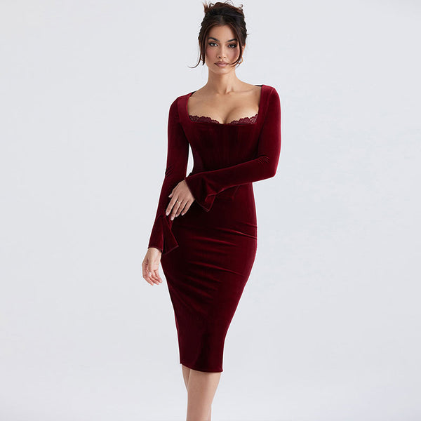 Sexy Velvet Long Sleeve Lace Trim Mesh Panel Corset Bodycon Midi Dress - Burgundy