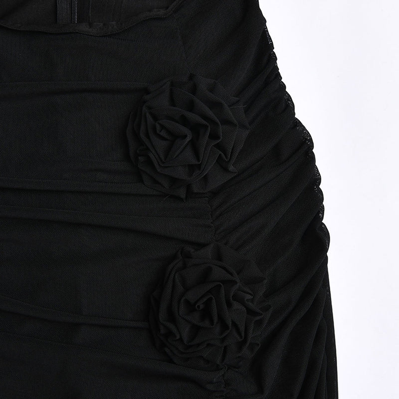 Sheer Mesh Floral Trim Cut Out High Slit Strapless Maxi Dress - Black
