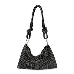 Shimmery Crystal Embellished Knot Trim Shoulder Party Bag - Black