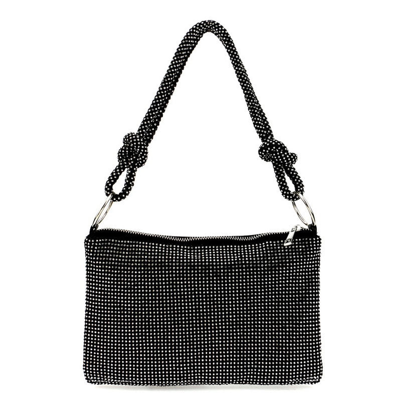 Shimmery Crystal Embellished Knot Trim Shoulder Party Bag - Black