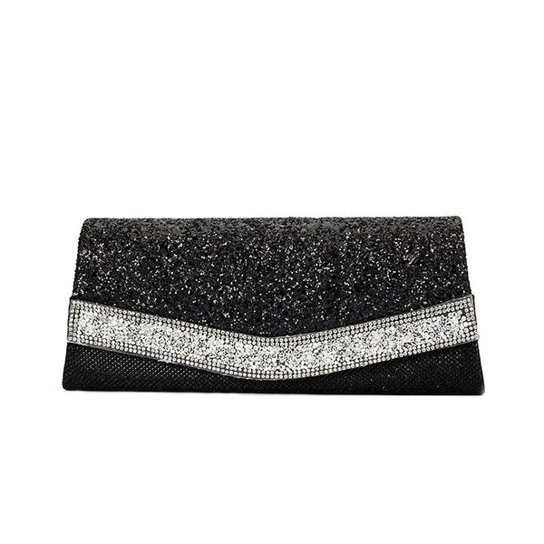 Shimmery Rhinestone Embellished Textured Flap Clutch Evening Bag - Black