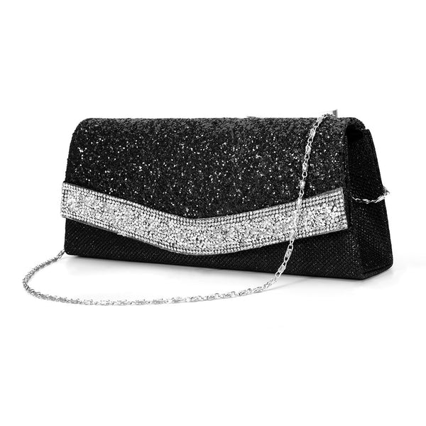 Shimmery Rhinestone Embellished Textured Flap Clutch Evening Bag - Black