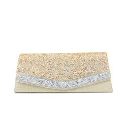 Shimmery Rhinestone Embellished Textured Flap Clutch Evening Bag - Gold