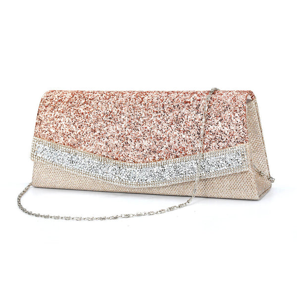 Shimmery Rhinestone Embellished Textured Flap Clutch Evening Bag - Pink