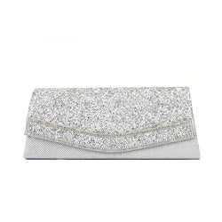 Shimmery Rhinestone Embellished Textured Flap Clutch Evening Bag - Silver