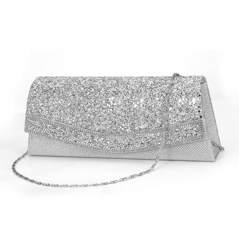 Shimmery Rhinestone Embellished Textured Flap Clutch Evening Bag - Silver