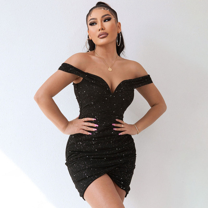 Shimmery Ruched Wrap Trim Off Shoulder Bodycon Party Mini Dress - Black