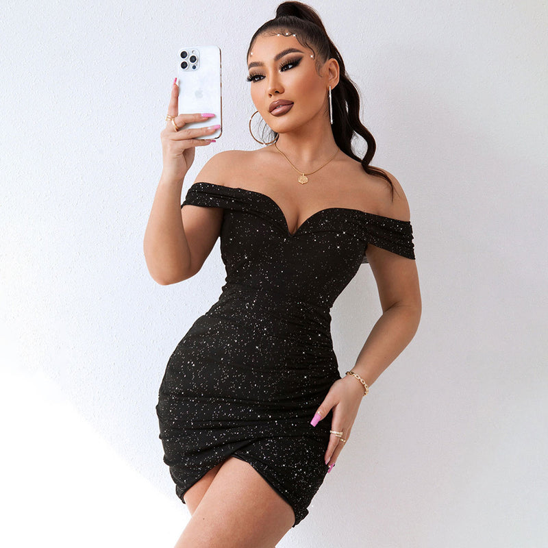 Shimmery Ruched Wrap Trim Off Shoulder Bodycon Party Mini Dress - Black