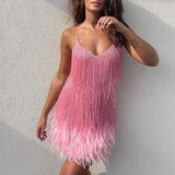 Coco Get in The Groove Sequin Fringe Feather Mini Dress Pink / S
