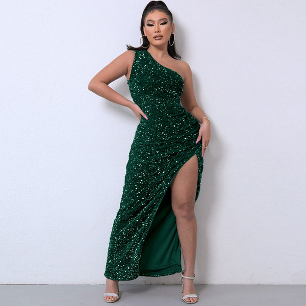 Shimmery Sequin High Split One Shoulder Gown Maxi Dress - Emerald Green