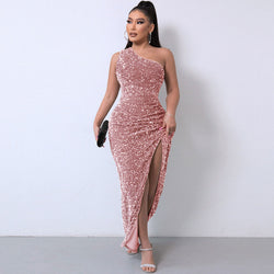 Shimmery Sequin High Split One Shoulder Gown Maxi Dress - Pink