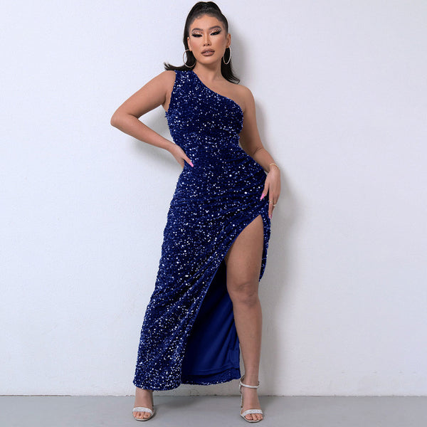 Shimmery Sequin High Split One Shoulder Gown Maxi Dress - Royal Blue