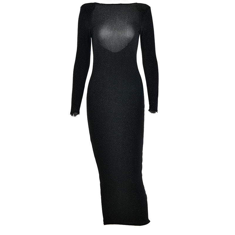 Shimmery Shoulder Pad Long Sleeve Open Back Cocktail Midi Dress - Black