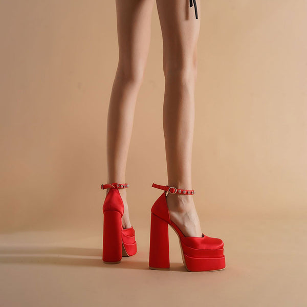 Shiny Crystal Satin Square Toe Chunky Platform Pumps - Red