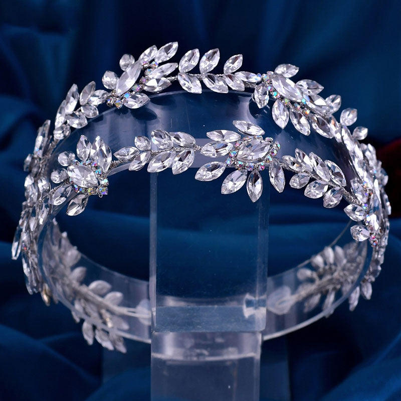 Shiny Double Strand Olive Branch Crystal Embellished Headband - Silver