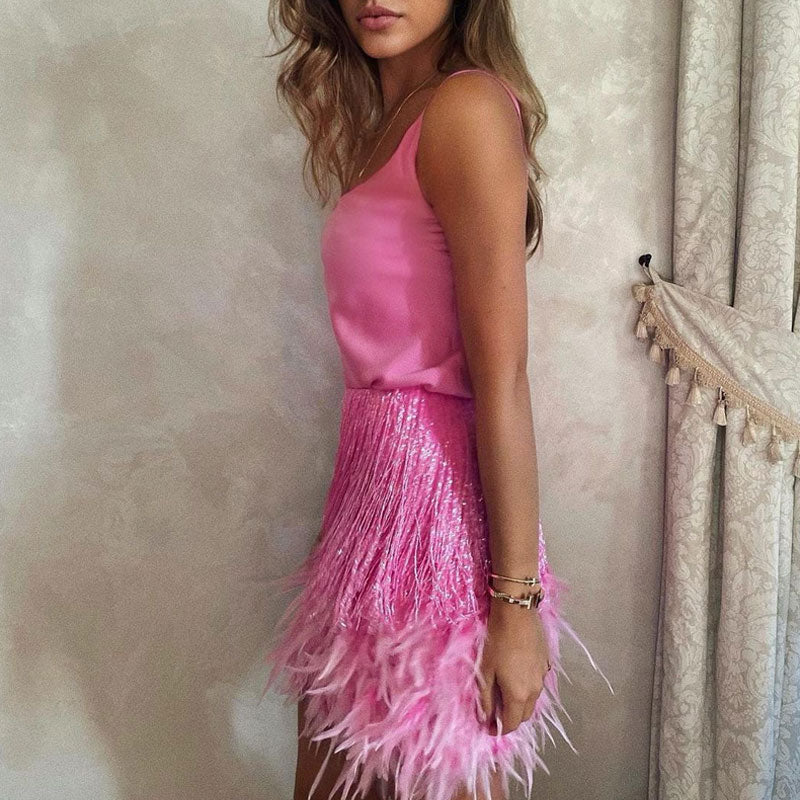Shiny Scoop Neck Fringe Trim Faux Feather Mini Skirt Matching Set - Pink