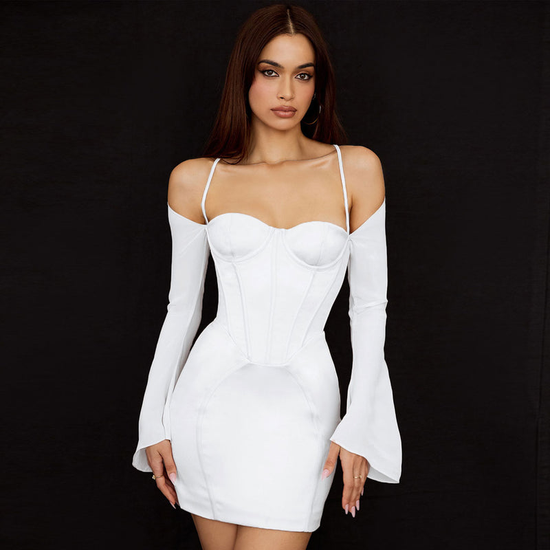 Silky Satin Long Sleeve Off Shoulder Corset Club Mini Dress - White