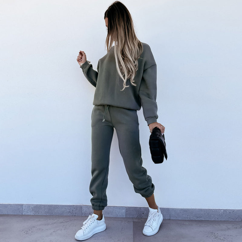 Simple Style Round Neck Long Sleeve Sweatsuit Matching Set - Army Green