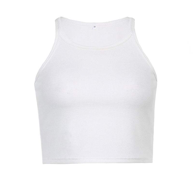 Simple Style Scoop Neck Rib Knit Crop Tank Top - White