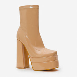 Solid Color Patent Leather Chunky High Heel Platform Ankle Boots - Apricot