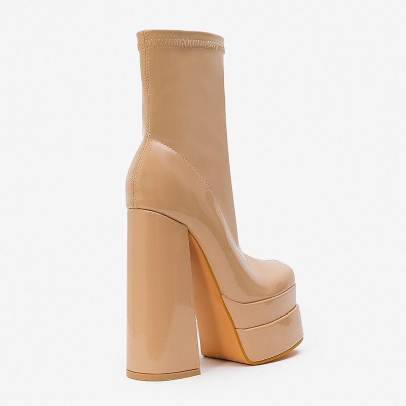 Solid Color Patent Leather Chunky High Heel Platform Ankle Boots - Apricot