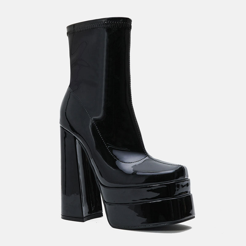 Solid Color Patent Leather Chunky High Heel Platform Ankle Boots - Black