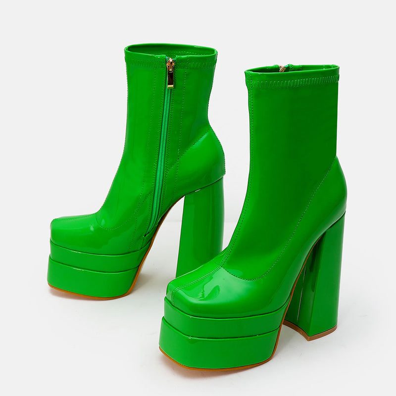 Solid Color Patent Leather Chunky High Heel Platform Ankle Boots