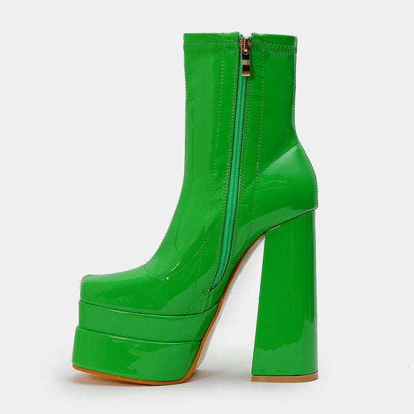 Solid Color Patent Leather Chunky High Heel Platform Ankle Boots - Green