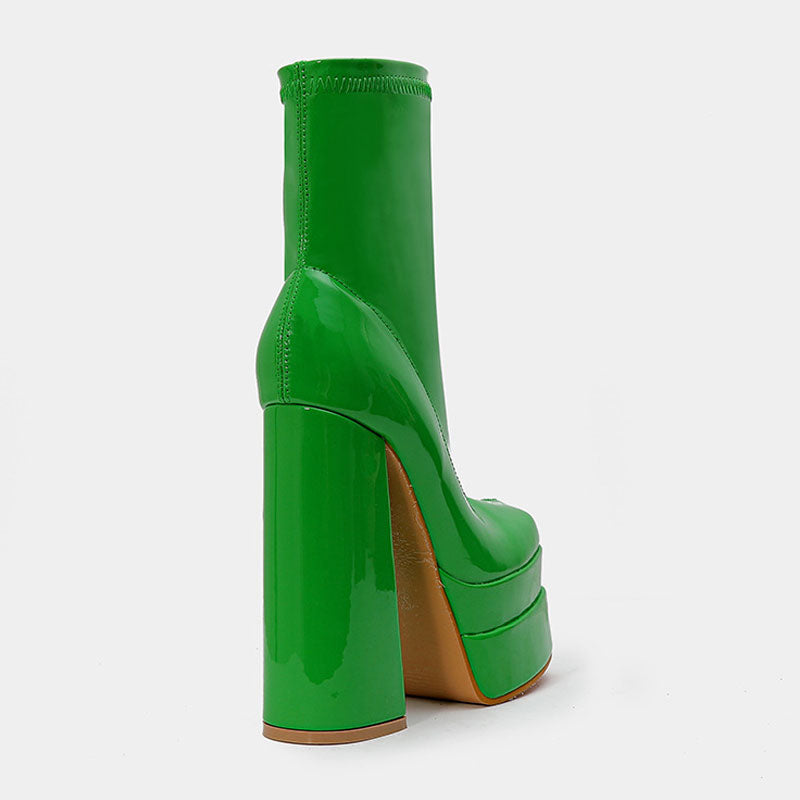 Solid Color Patent Leather Chunky High Heel Platform Ankle Boots - Green