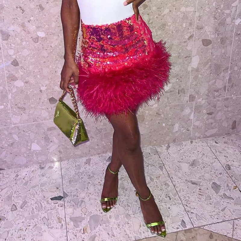 Sparkling Sequin High Waist Fur Trim Bodycon Party Mini Skirt - Hot Pink