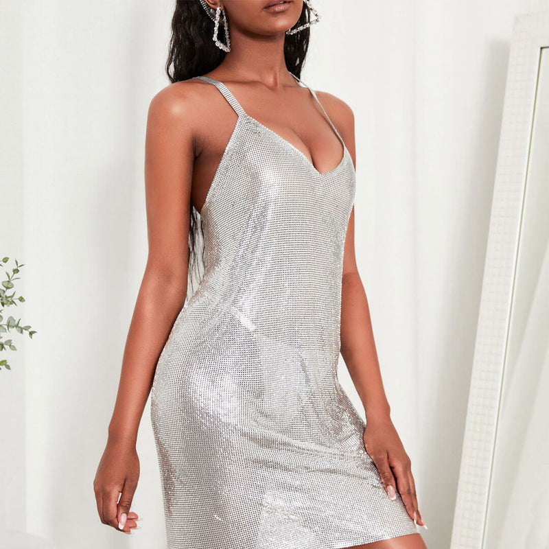 Sparkling Sleeveless Crisscross Open Back Chainmail Party Mini Dress - Silver