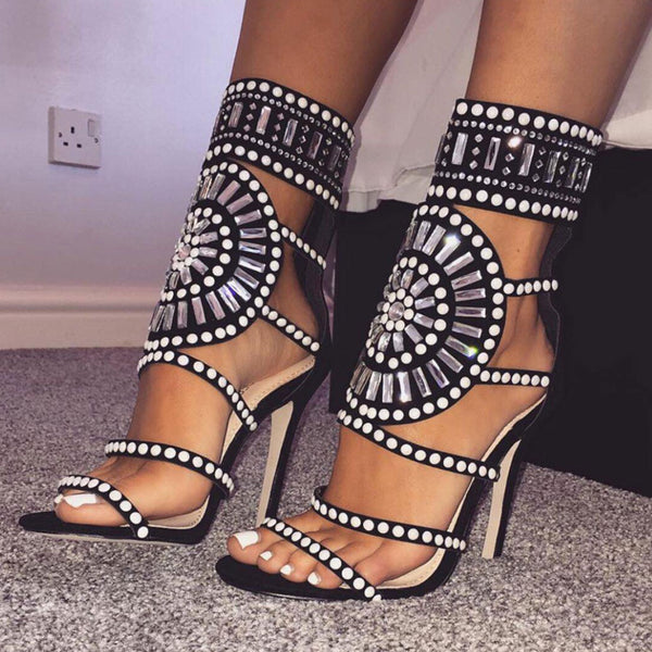 Sparkly Embellished Cut Out Open Toe High Heel Sandals - Black
