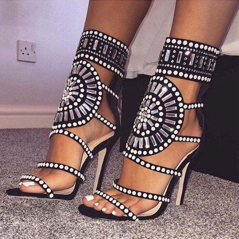 Sparkly Embellished Cut Out Open Toe High Heel Sandals - Black