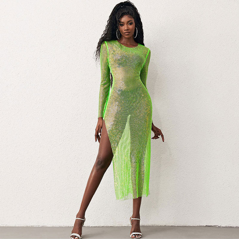 Sparkly Fishnet Crystal Embellished Long Sleeve Maxi Dress - Neon