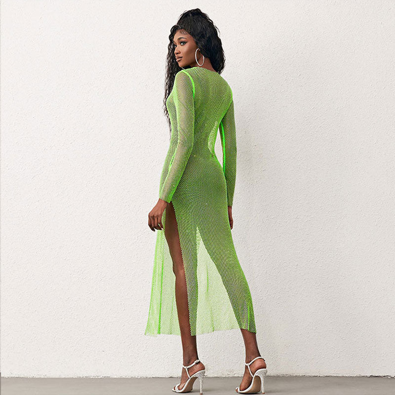 Sparkly Fishnet Crystal Embellished Long Sleeve Maxi Dress - Neon Green