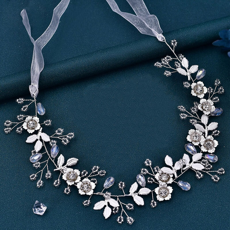 Sparkly Flower Trim Crystal Rhinestone Embellished Headband - Silver