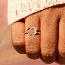 Sparkly Multi Rhinestone Studded Heart Eternity Ring - Silver