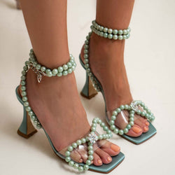 Sparkly Pearl Strap Unique High Heels Butterfly Sandals - Green