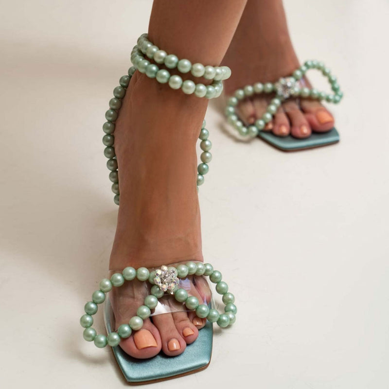 Sparkly Pearl Strap Unique High Heels Butterfly Sandals - Green
