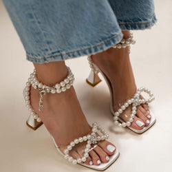 Sparkly Pearl Strap Unique High Heels Butterfly Sandals - White