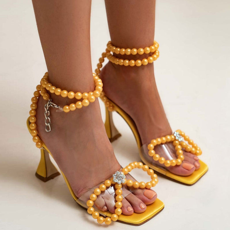 Sparkly Pearl Strap Unique High Heels Butterfly Sandals - Yellow