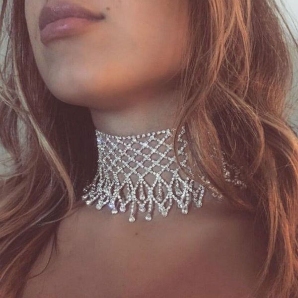 Sparkly Rhinestone Chain Fringe Statement Choker Necklace - Silver