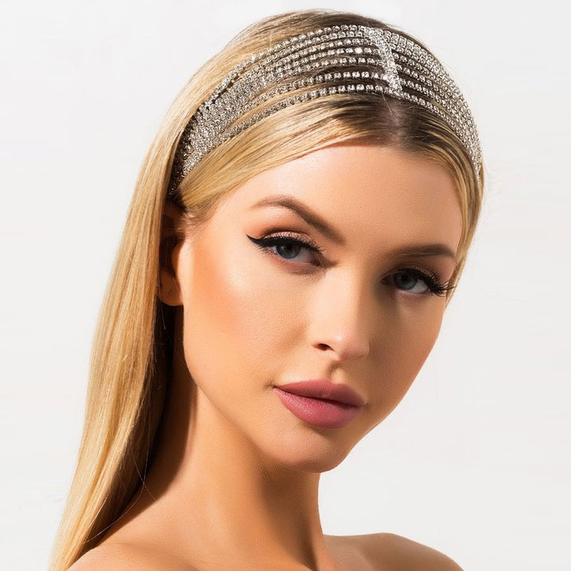 Sparkly Rhinestone Embellished Layered Tassel Headband - Silver
